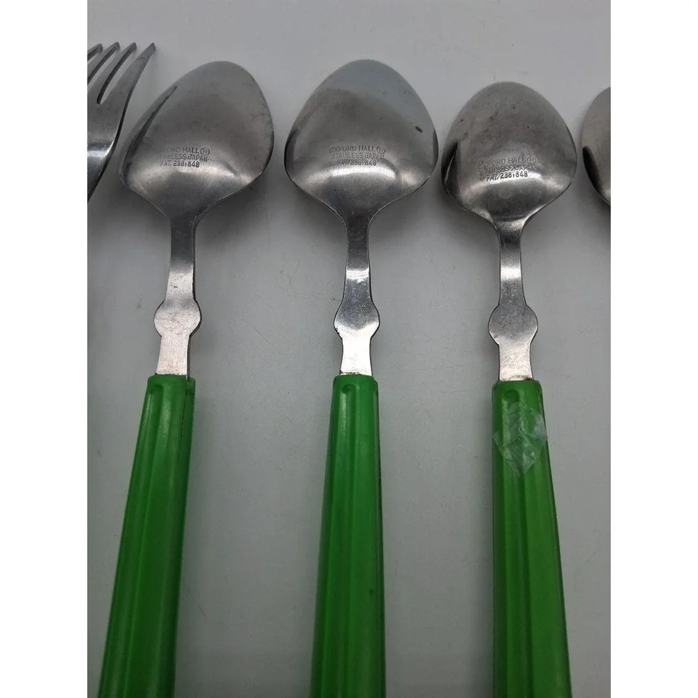 6 Piece Vintage Oxford Hall Oval Soup Spoon & Fork Lime Green Japan